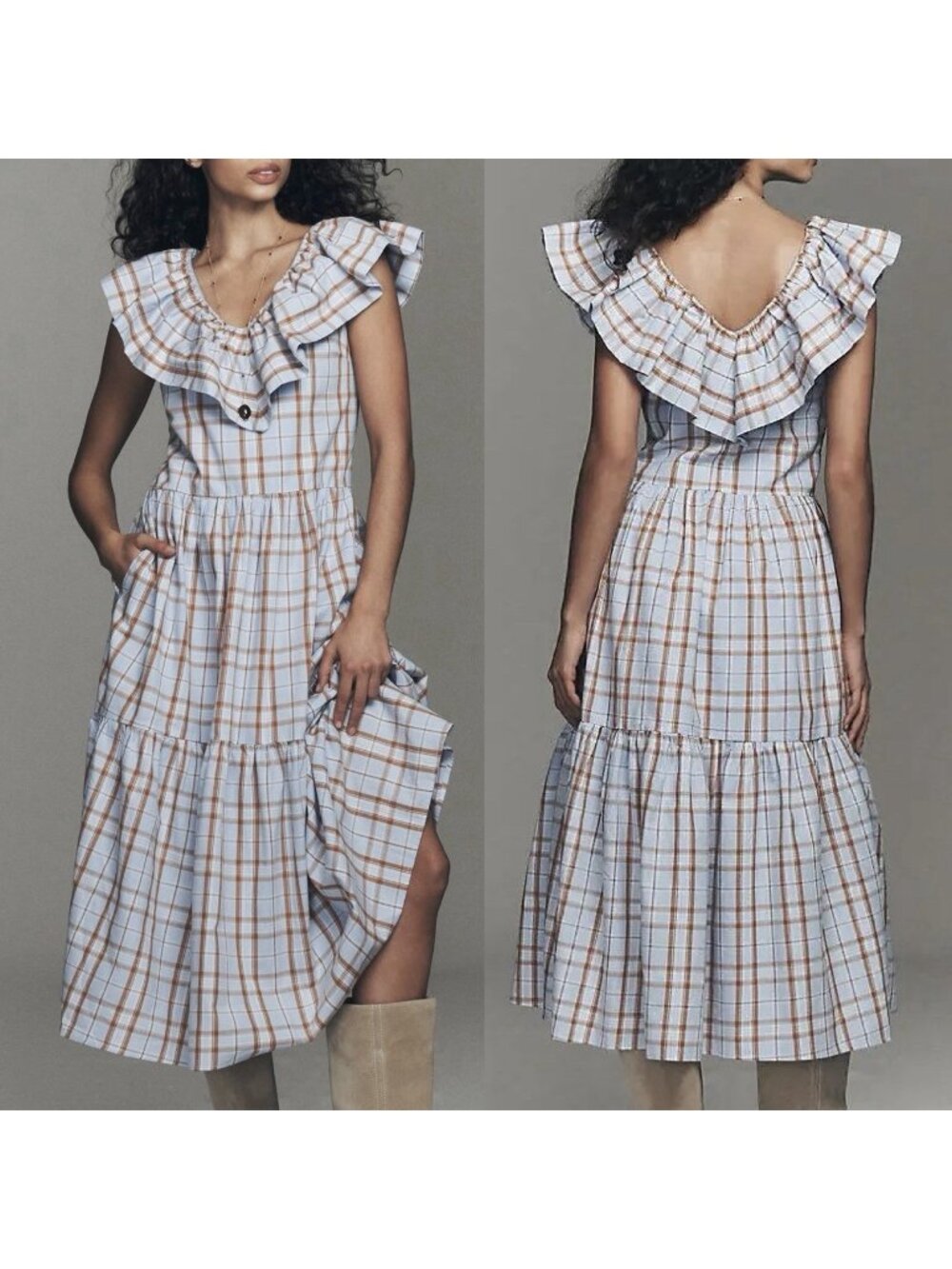 NEW English Factory Purple Plaid Midi Dress with Ruffle Neckline Women’s Small